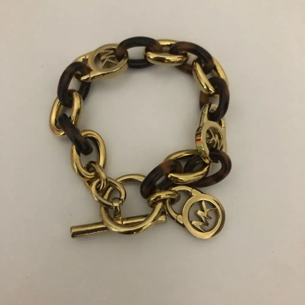 Michael Kors Toggle And Lock Gold and Brown Tortoise Shell Chain Bracelet